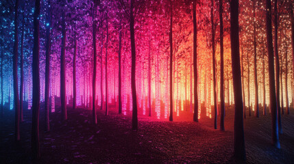 Obraz premium Vibrant Colorful Forest at Sunset with Tall Trees and Bright Illuminated Trunks Creating a Magical and Mystical Atmosphere in Nature Scene