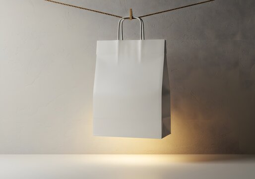 White Paper Bag Hanging on String Mockup Presentation