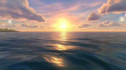 A serene sunset over calm waters, with vibrant clouds reflecting warm hues, Ideal for travel blogs, relaxation themes, or as a backdrop for inspirational quotes and nature-related projects,