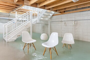 Flooded Basement With Floating Chairs Creating an Unusual Indoor Water Landscape During a Rainy Season