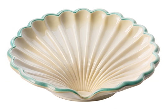 Decorative seashell shaped serving bowl close up isolated on transparent background.