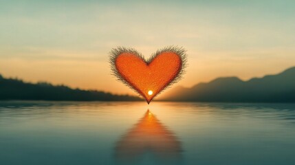 Sunset, heart-shaped form, calm water, reflection.
