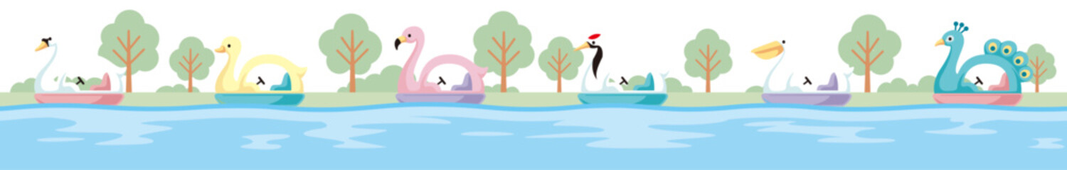木と水の風景の中にさまざまな鳥モチーフのスワンボートが浮かぶシームレスなベクターイラスト(Seamless vector illustration of swan boats with various bird motifs floating in a landscape of trees and water)