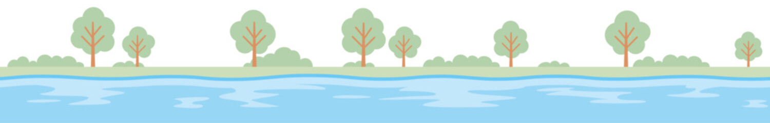 シンプルな水辺と木のシームレスな風景のベクターイラスト(Seamless vector illustration of a simple waterfront and trees landscape)