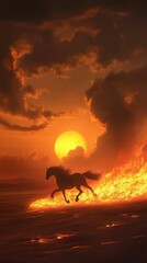 Silhouette horse runs fiery sunset landscape.