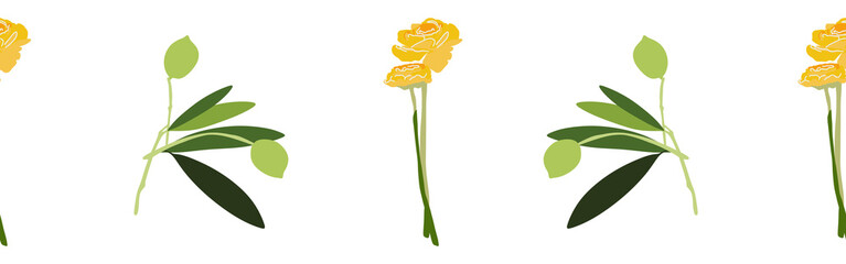 Leaves and flower border on a white background. Hand-drawn illustration. Perfect for spring and summer.	