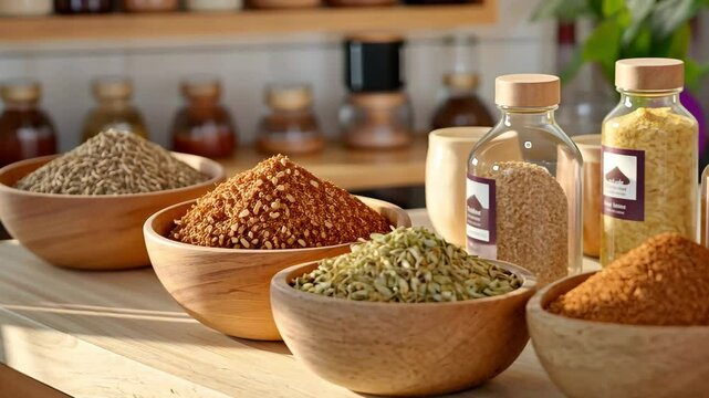 Fresh Spices and Dried Herbs in Wooden Bowls on Kitchen Counter