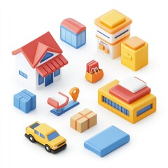Fototapeta premium Colorful isometric representation of various retail and shipping elements.