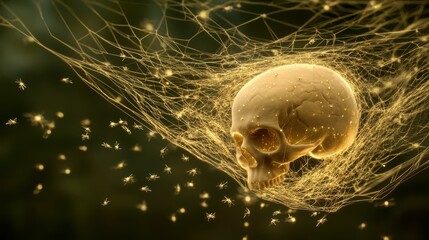 Glowing skull trapped in web, insects surrounding.