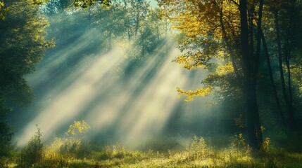 Magical sunlight beams in misty green forest landscape art fog calm leaf haze trees woods image photo © Honey