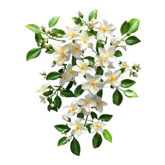Obraz premium A beautiful jasmine flower bush with lush green leaves isolated on a transparent background, a bush of jasmine flowers, file of isolated object with shadow on transparent background