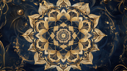 Intricate golden mandala with detailed symmetrical floral design on a dark background with glitte accents and swirling patterns creating a luxurious artistic composition