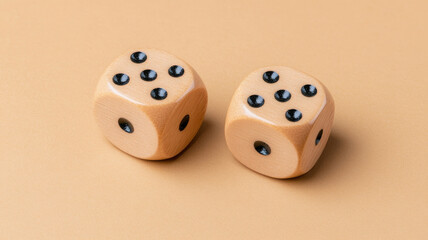 High contrast image of two wooden dice with black dots, showcasing playful vibe
