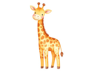 Obraz premium Cute cartoon giraffe with brown spots, long neck, and a cheerful expression.