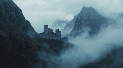 Dramatic panoramic view of a medieval castle led on a mountain ridge shrouded in mist and clouds with rugged peaks in the background at dawn or dusk