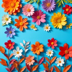 Obraz premium Colorful flowers on a blue background. Flat lay, top view, children's day.