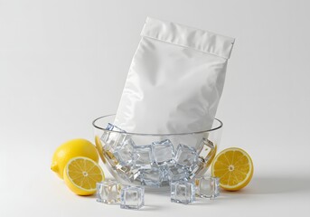 Package in Ice Cubes with Fresh Lemons for Cooling Beverage