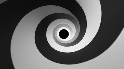 Black and white abstract background with a circular shape in the center. the shape appears to be a spiral or a concentric circle with a small hole in the middle.