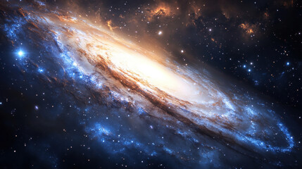 Fototapeta premium Stunning high-resolution image of a spiral galaxy in deep space showing vibrant cosmic colors, bright core, swirling arms, stars, dust clouds, and distant galaxies