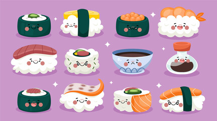 Flat Kawaii sushi element set