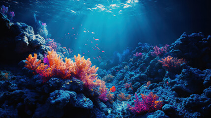 Vibrant Underwater Coral Reef Scene with Colorful Fish Illuminated by Sunlight Rays Filte Through Ocean Water