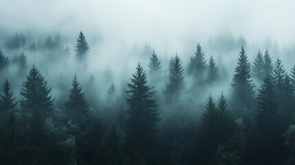 Misty forest landscape with dark green pine trees in fog art view calm woods moody image photo nature