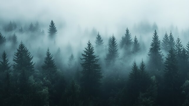Fototapeta Misty forest landscape with dark green pine trees in fog art view calm woods moody image photo nature