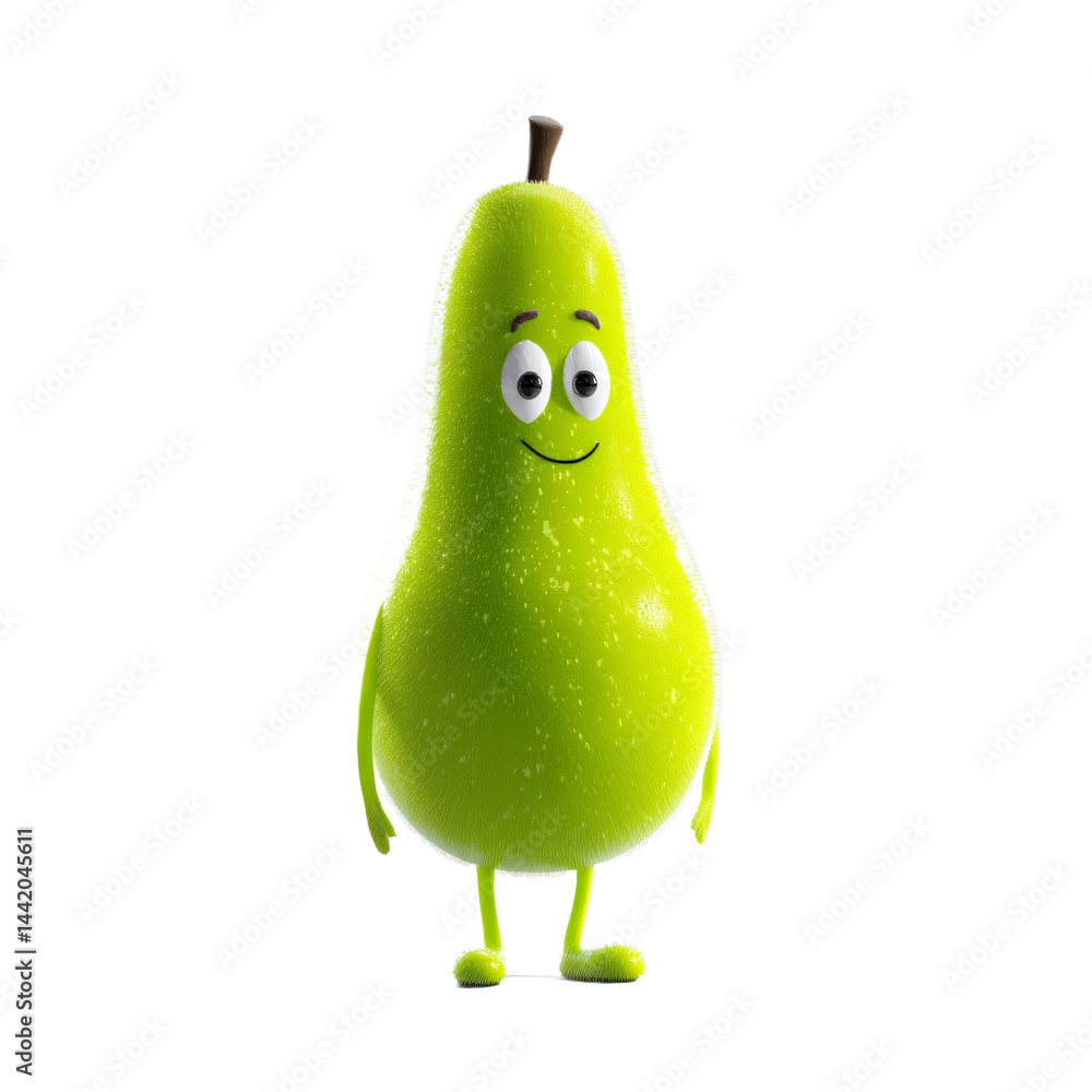 Poster animated pear character posing on black backdrop