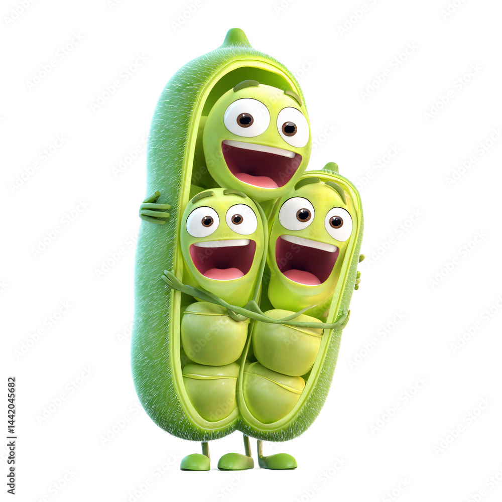 Poster animated peas in pod gleefully hugging