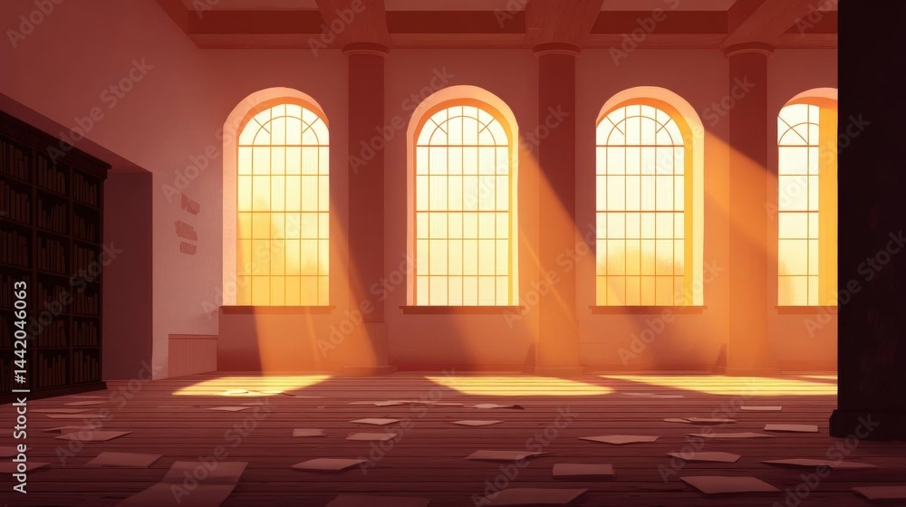 Poster empty room with three large arched windows. the room has a high ceiling with columns and a bookshelf