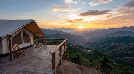 Set against a mountain backdrop, the glamping tent provides a serene escape with panoramic views and a touch of adventure.
