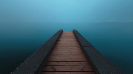 Fototapeta premium Long wooden pier extending into the distance. the pier is made of dark wood planks and is supported by two concrete pillars on either side.