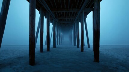 Long wooden pier extending into the ocean. the pier is made up of multiple wooden poles that are supported by a wooden structure that extends into the distance.