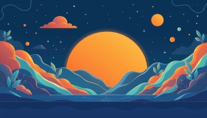 Colorful illustration of a sunset over stylized mountains and a serene lake.
