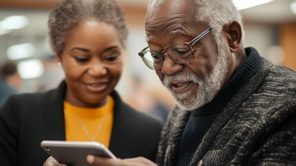 Fototapeta premium An elderly man engages in a digital literacy workshop focused on helping seniors. He receives guidance from a volunteer while using a tablet to enhance his skills