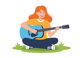 Joyful guitarist plays while seated outdoors