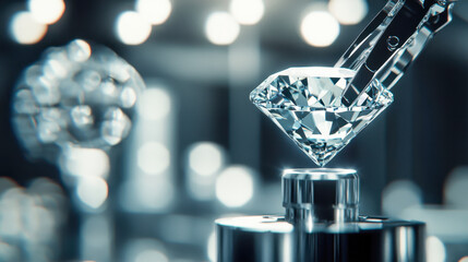 Exquisite diamond held by precise robotic tongs in a sparkling display setting