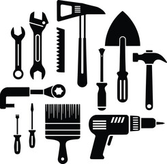Silhouette Hand Tool Icon Set, DIY, Construction, and Repair Vector 