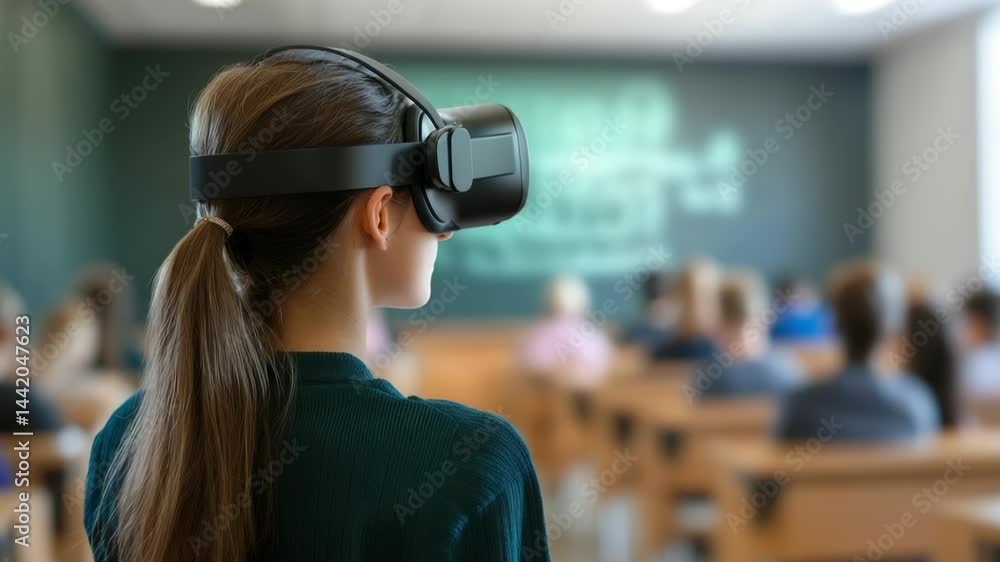 Poster a schoolchilds, students use a virtual reality headset to explore ai-driven learning environments in