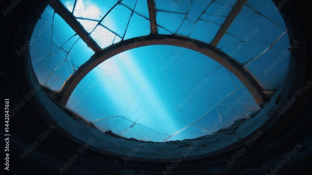 Poster close-up of a circular window with a blue sky in the background. the window appears to be made of gl