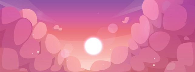Anime sky background with pink cumulus clouds and setting sun.