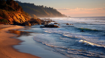 Obraz premium Golden light paints the Oregon coastline at sunset, highlighting the cliffs, trees, and the gentle waves rolling onto the sandy beach creating a serene scene.