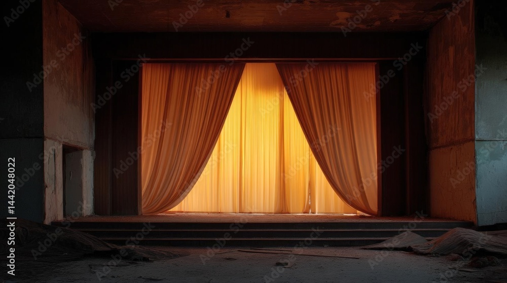 Poster empty room with a large window in the center. the window is covered with a sheer orange curtain that
