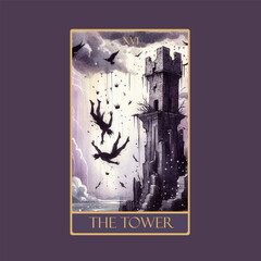 A watercolor Tarot card 'The Tower'.Tarot card colorful deck. Major arcana set part . Vector hand drawn engraved style. Occult and alchemy symbolism.