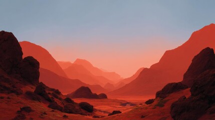 Naklejka premium Landscape photograph of a desert-like area with red mountains in the background. the sky is a gradient of orange and pink hues, with the sun setting in the distance.