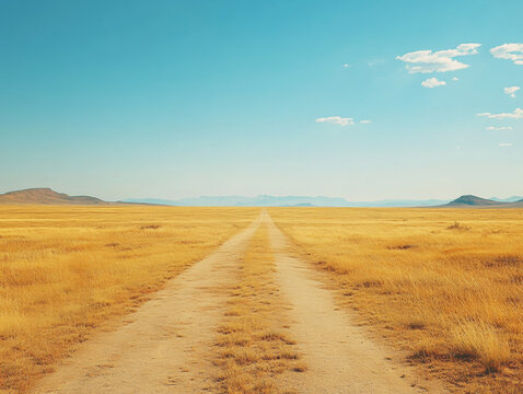 Expansive dirt road stretches through golden grassland under clear sky