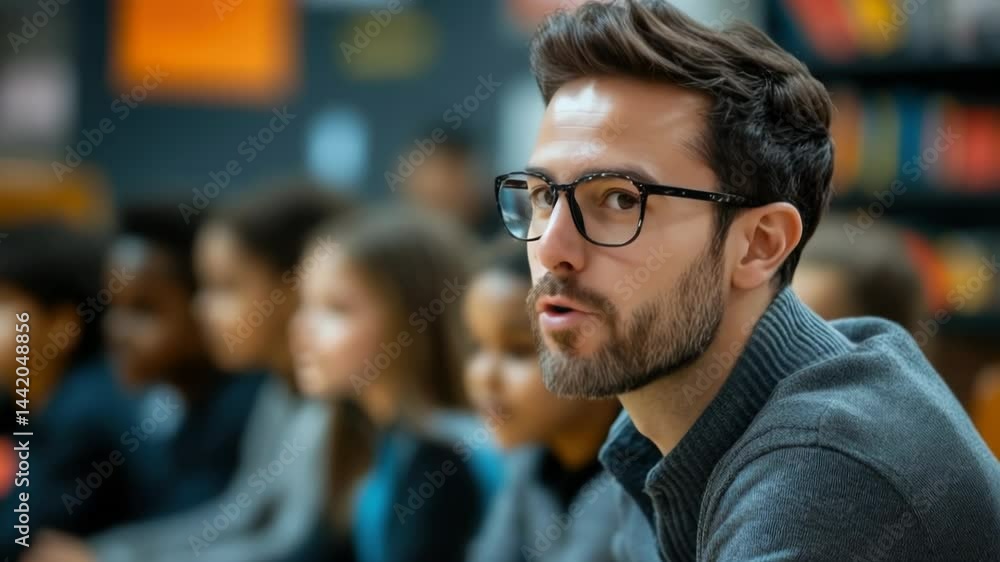 Poster a teacher interacts with students in a modern classroom while using a smart ai-powered assistant to 