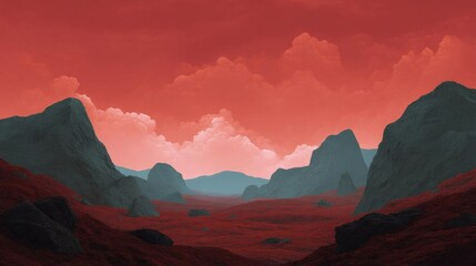 Fototapeta premium Digital illustration of a landscape with a red sky and mountains in the background. the sky is filled with fluffy white clouds that are scattered across the horizon.