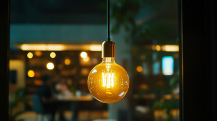 Golden lightbulb illuminates informal team meeting in cozy office space