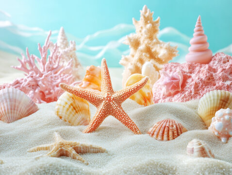 Colorful starfish and seashells on sandy beach at sunlight